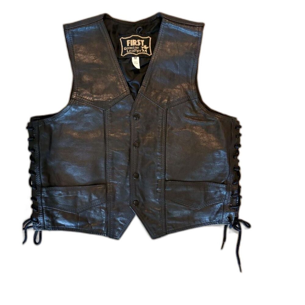Vintage Genuine Leather Motorcycle Vest Black Lace Up Sides